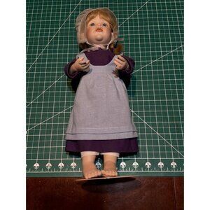 Porcelain Doll With Purple Dress  Apron Blonde Braids 1992 16" Tall MBI Collecti